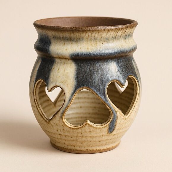 Vintage Stoneware studio Art Pottery Reticulated Candle Holder Signed Heart - Picture 1 of 7